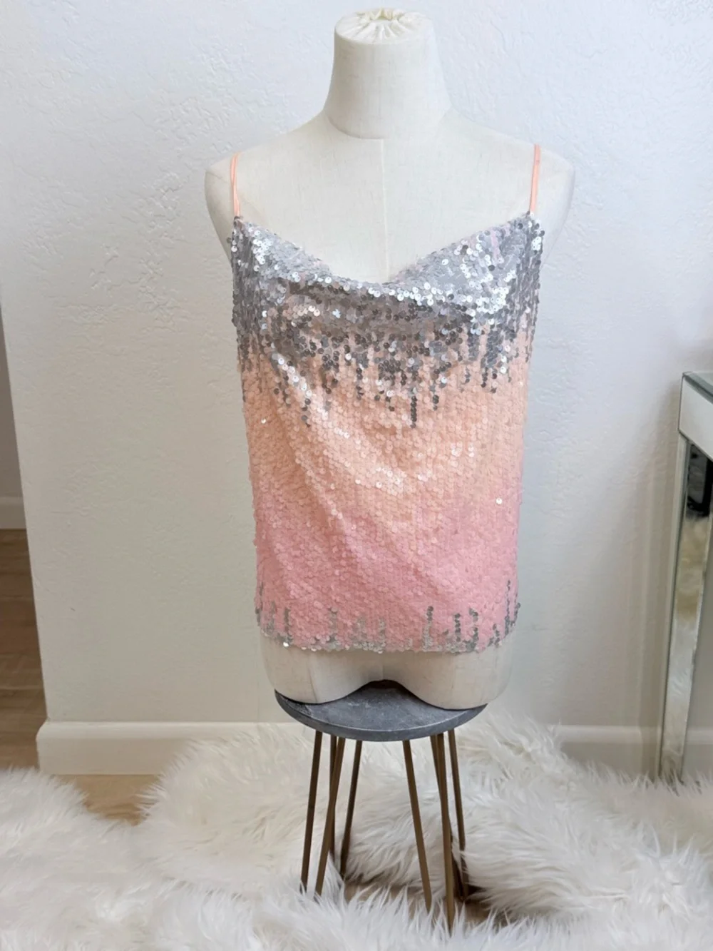 Endless Rose Silver to Peach Ombre Sequin Cowl Camisole - Picture 5 of 10